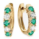 1.00 Carat (ctw) 14K Yellow Gold Round Green Emerald & White Diamond Ladies Huggies Hoop Earrings 1 CT