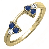 14K Yellow Gold Round Blue Sapphire & White Diamond Ladies Wedding Ring Matching Guard Band
