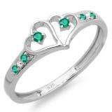 0.15 Carat (ctw) Sterling Silver Round White Diamond And Green Emerald Ladies Promise Double Heart Love Engagement Ring