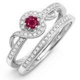 0.25 Carat (ctw) Sterling Silver Round White Diamond And Ruby Ladies Bridal Promise Ring Set Matching Band 1/4 CT
