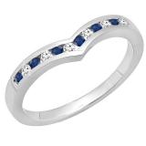 10K White Gold Round Blue Sapphire & White Diamond Ladies Wedding Stackable Band Guard Chevron Ring