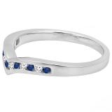 10K White Gold Round Blue Sapphire & White Diamond Ladies Wedding Stackable Band Guard Chevron Ring