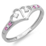 0.15 Carat (ctw) Sterling Silver Round Pink Sapphire & White Diamond Ladies Promise Double Heart Love Engagement Ring