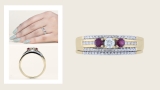 14K Yellow Gold Round Ruby & White Diamond Ladies 3 Stone Engagement Ring Set