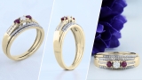 14K Yellow Gold Round Ruby & White Diamond Ladies 3 Stone Engagement Ring Set