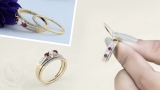 14K Yellow Gold Round Ruby & White Diamond Ladies 3 Stone Engagement Ring Set