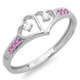 0.15 Carat (ctw) Sterling Silver Round Pink Sapphire & White Diamond Ladies Promise Double Heart Love Engagement Ring