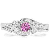 0.50 Carat (ctw) 14k White Gold Round Pink Sapphire & White Diamond Ladies Swirl Bridal Engagement Ring With Matching Band Set 1/2 CT