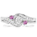 0.50 Carat (ctw) 14k White Gold Round Pink Sapphire & White Diamond Ladies Swirl Bridal Engagement Ring With Matching Band Set 1/2 CT