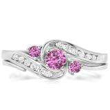 0.50 Carat (ctw) 10k White Gold Round Pink Sapphire & White Diamond Ladies Swirl Bridal Engagement Ring With Matching Band Set 1/2 CT