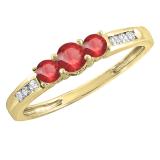 14K Yellow Gold Round Ruby & White Diamond Ladies 3 stone Engagement Ring