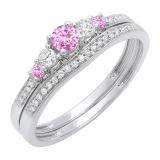 0.45 Carat (ctw) 14k White Gold Round Pink Sapphire And White Diamond Ladies 5 Stone Bridal Engagement Ring Matching Band Set 1/2 CT