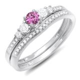 0.45 Carat (ctw) 10k White Gold Round Pink Sapphire And White Diamond Ladies 5 Stone Bridal Engagement Ring Matching Band Set 1/2 CT