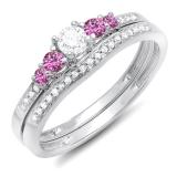 0.45 Carat (ctw) 10k White Gold Round Pink Sapphire And White Diamond Ladies 5 Stone Bridal Engagement Ring Matching Band Set 1/2 CT