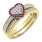 10K Yellow Gold Round White Diamond & Ruby Heart Bridal Engagement Ring Set