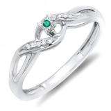 0.06 Carat (ctw) Sterling Silver Round Green Emerald & White Diamond Ladies Crossover Swirl Bridal Promise Engagement Ring