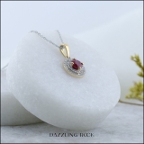 5mm Round Ruby and White Diamond Ladies Double Halo Pendant with 18 inch Silver Chain in 18K Yellow Gold