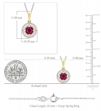 5mm Round Ruby and White Diamond Ladies Double Halo Pendant with 18 inch Silver Chain in 18K Yellow Gold