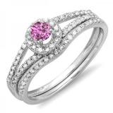 0.45 Carat (ctw) 14k White Gold Round Pink Sapphire & White Diamond Ladies Bridal Halo Style Engagement Ring With Wedding Band Set 1/2 CT