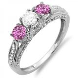 1.00 Carat (ctw) 10k White Gold Round White Diamond And Pink Sapphire Ladies Vintage Bridal 3 Stone Engagement Ring 1 CT