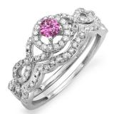 0.60 Carat (ctw) 14k White Gold Round Pink Sapphire & White Diamond Ladies Halo Style Bridal Engagement Ring Matching Band Set