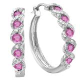 0.86 Carat (ctw) Sterling Silver Round White Diamond & Pink Sapphire Ladies Hoop Earrings