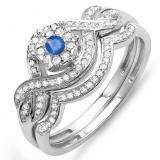 0.40 Carat (ctw) 10k White Gold Round Blue Sapphire & White Diamond Ladies Bridal Engagement Ring Matching Band Set