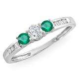 0.35 Carat (ctw) 14k White Gold Round Green Emerald & White Diamond Ladies 3 stone Engagement Bridal Ring 1/3 CT