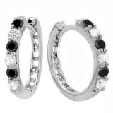 0.33 Carat (ctw) Round Black & White Diamond Ladies Huggies Hoop Earrings 1/3 CT 10K White Gold