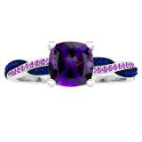 6 MM Cushion Amethyst & Round Blue Sapphire & Amethyst Ladies Swirl Engagement Ring, 10K White Gold
