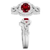 5.8 mm Round Garnet & 0.55 ct White Diamond Ladies Twisted Style Halo Wedding Ring Set | 925 Sterling Silver