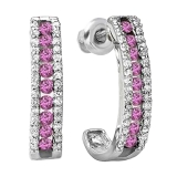 0.55 Carat (ctw) Sterling Silver Ladies Round Pink Sapphire And White Diamond Hoop Earrings 1/2 CT