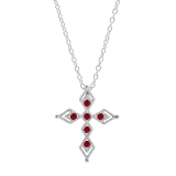 Round Ruby Vintage Style Cross Pendant with 18 inch Silver Chain for Women in 925 Sterling Silver