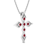 Round Ruby Vintage Style Cross Pendant with 18 inch Silver Chain for Women in 925 Sterling Silver