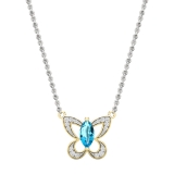 8X4mm Marquise Blue Topaz & Round White Diamond Butterfly Pendant Necklace for Women with 18 inch Silver Chain in 18K Yellow Gold  
