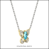 8X4mm Marquise Blue Topaz & Round White Diamond Butterfly Pendant Necklace for Women with 18 inch Silver Chain in 18K Yellow Gold  