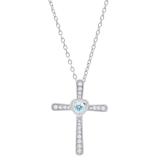 3.5 mm Round Aquamarine & White Diamond Ladies Heart Cross Religious Pendant, 10K White Gold