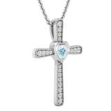 3.5 mm Round Aquamarine & White Diamond Ladies Heart Cross Religious Pendant, 10K White Gold