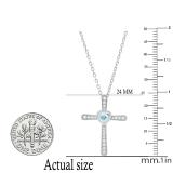 3.5 mm Round Aquamarine & White Diamond Ladies Heart Cross Religious Pendant, 10K White Gold