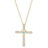 3.5 mm Round Aquamarine & White Diamond Ladies Heart Cross Religious Pendant, 18K Yellow Gold