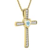 3.5 mm Round Aquamarine & White Diamond Ladies Heart Cross Religious Pendant, 18K Yellow Gold