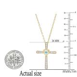 3.5 mm Round Aquamarine & White Diamond Ladies Heart Cross Religious Pendant, 18K Yellow Gold