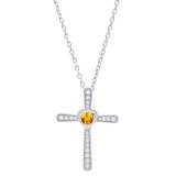 3.5 mm Round Citrine & White Diamond Ladies Heart Cross Religious Pendant, Sterling Silver