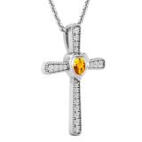 3.5 mm Round Citrine & White Diamond Ladies Heart Cross Religious Pendant, Sterling Silver