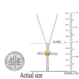 3.5 mm Round Citrine & White Diamond Ladies Heart Cross Religious Pendant, Sterling Silver