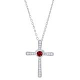 3.5 mm Round Garnet & White Diamond Ladies Heart Cross Religious Pendant, Sterling Silver