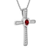 3.5 mm Round Garnet & White Diamond Ladies Heart Cross Religious Pendant, Sterling Silver
