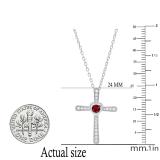 3.5 mm Round Garnet & White Diamond Ladies Heart Cross Religious Pendant, Sterling Silver