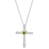 3.5 mm Round Peridot & White Diamond Ladies Heart Cross Religious Pendant, Sterling Silver