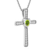 3.5 mm Round Peridot & White Diamond Ladies Heart Cross Religious Pendant, Sterling Silver